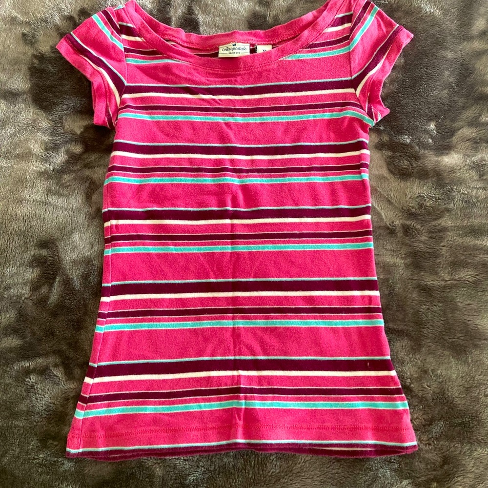 Slim fit Aeropostale tee. Pink, with light blue, maroon, and white striping.